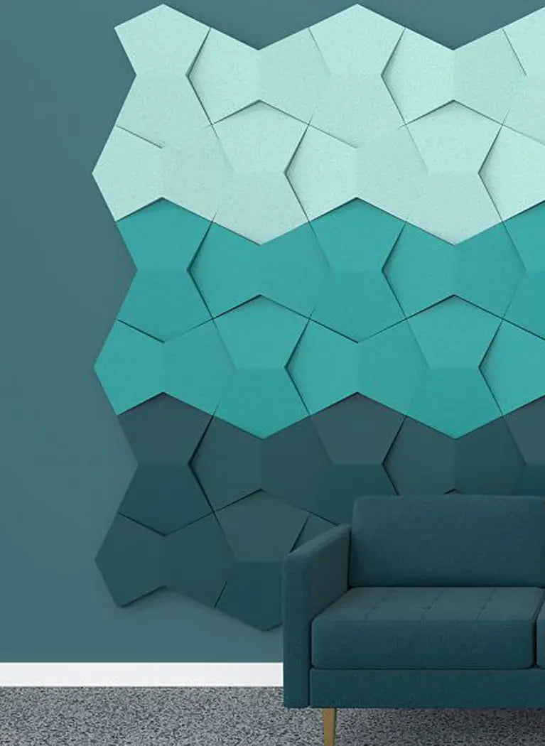 3D Soft Acoustic Wall Panels teal composition in living room interior